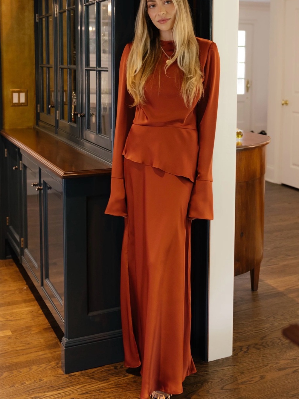 Rust Satin Long-Sleeve Maxi Dress
